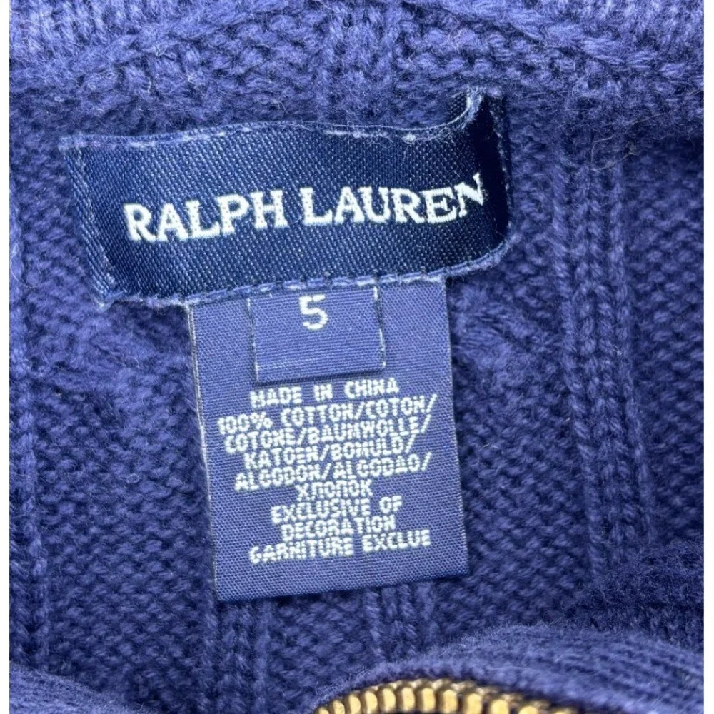 Ralph Lauren Girls Navy Blue Cable Knit Full Zip Hoodie Sweater Size 5 Pink Pony